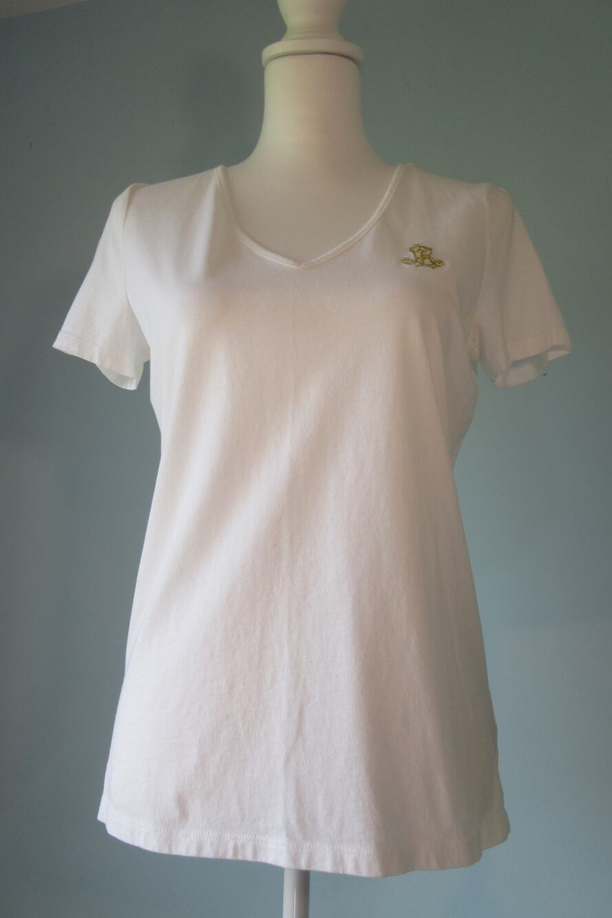 Lauren Ralph Lauren White Tee Shirt Gold Embroidered Monogram Women's Medium
